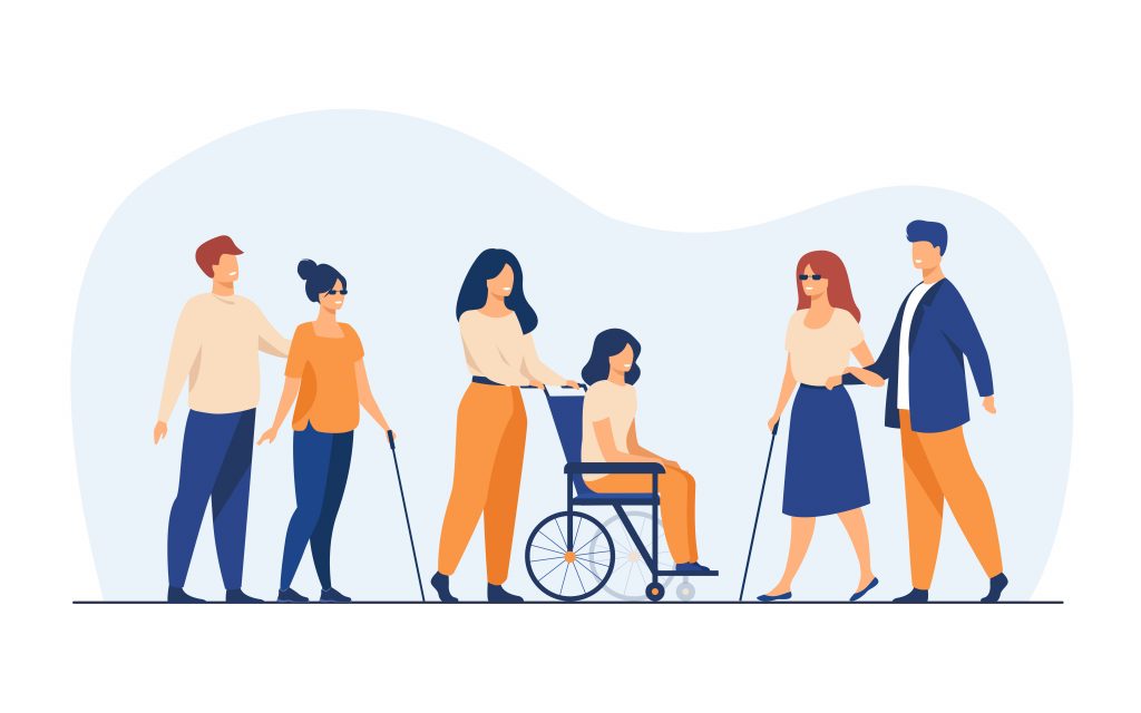 Volunteers helping disabled friends in outdoor walking, leading blind people or wheeling wheelchair. Can be used for disability, diversity, assistance concept